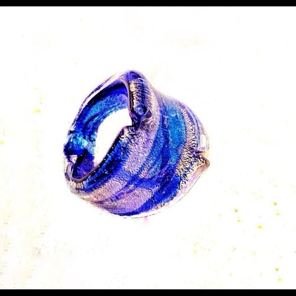Blue Silver Murano Glass large freeform ring sz 7.5 new - Picture 2 of 7